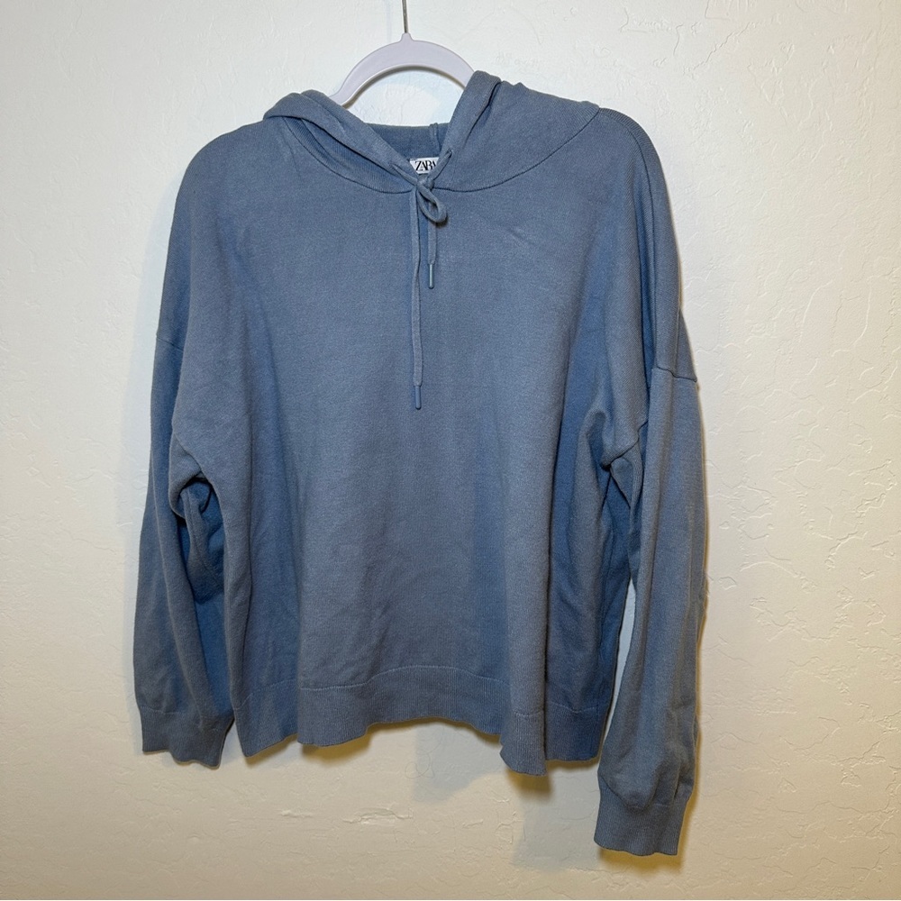 Zara Women's Boyfriend Hoodie Knit Soft Washed Blue Size Medium‎